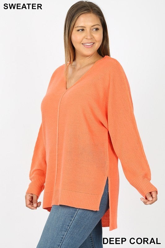 RIBBED TRIM SEAM DETAILED V-NECK SWEATER  - FRONT, SIDE & BACK SEAM DETAIL Hi Low runs 2 sizes BIG