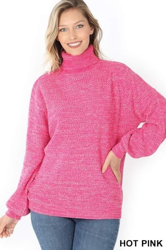Loose Turtleneck Balloon Sleeve Soft Stretchy Sweater - Zanana
