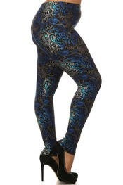 Blue Paisley Print Leggings, Elastic Band