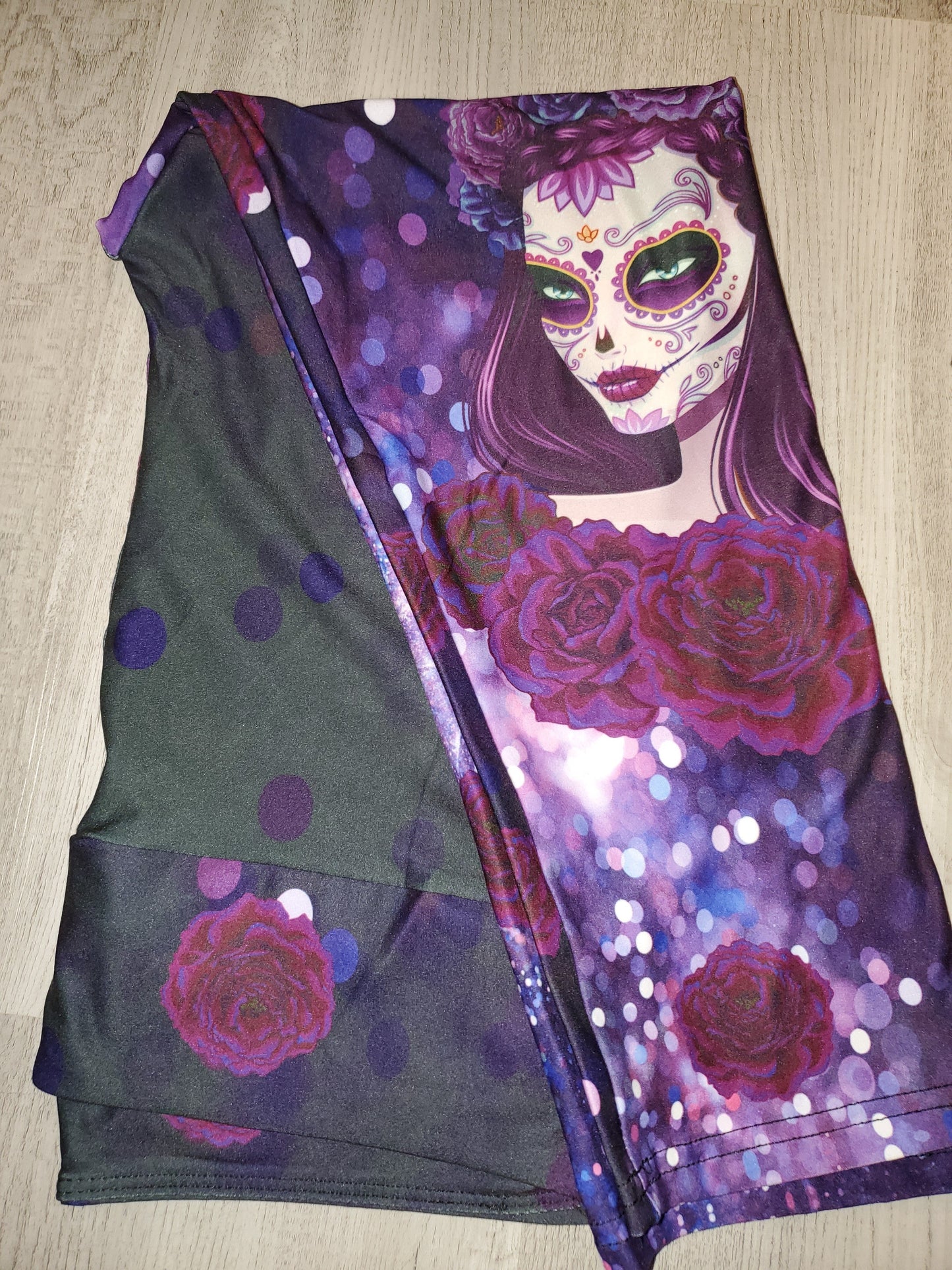 Purple Sugar Skull Woman with Roses CAPRI.  Yoga Band, Very Soft and Stretchy!