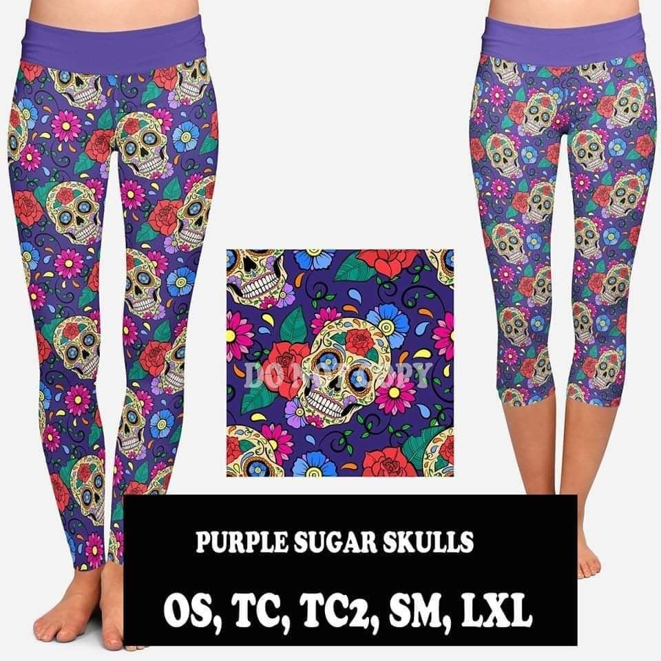 Purple Sugar Skull FULL LENGTH Leggings, Comfy Yoga Band
