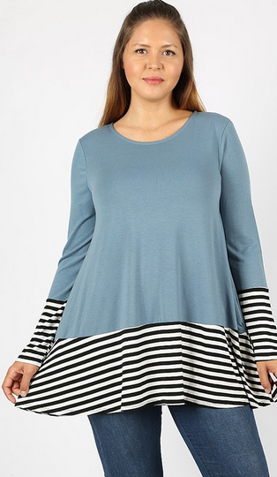 Premium Soft Fabric Striped & Solid Contrast, Round Neck Long Sleeve Top