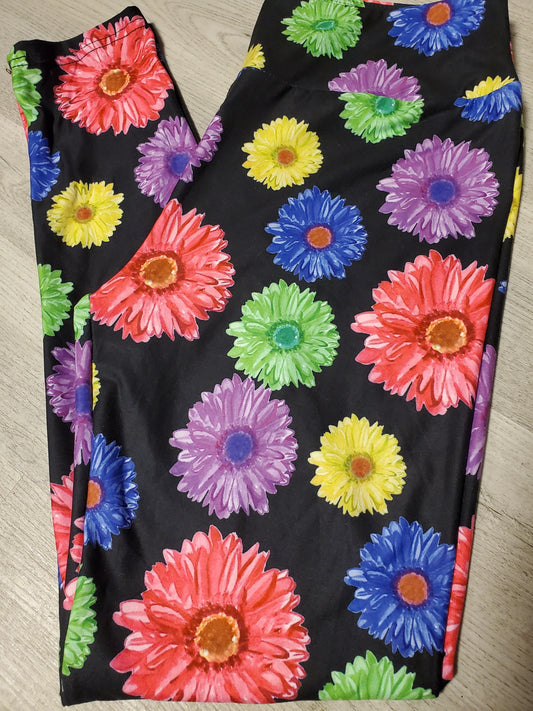 Black with Vibrant Daisy's Leggings. Yoga Band. Extra Soft and stretchy!
