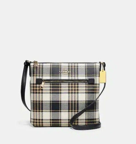 Coach Rowan Plaid, Gold Midnight Crossbody, Outer Zipper, Inner Pocket, Gold Hardware