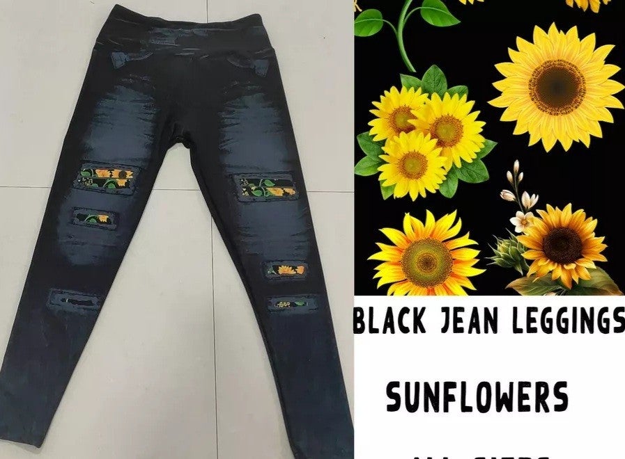 Black Denim Print Jeggings Peek A Boo Sunflower. Yoga Band. Extra Soft and stretchy!