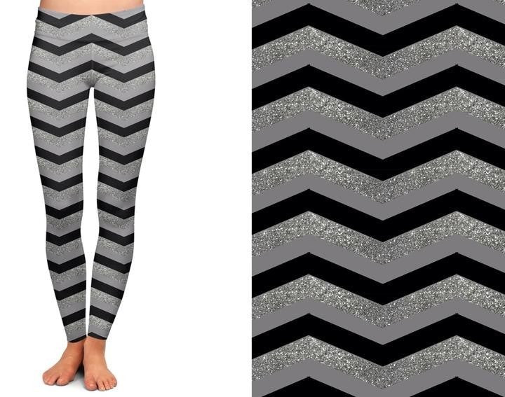 Black/Grey /Sparkle Glitter Chevron Pattern Leggings with Pockets