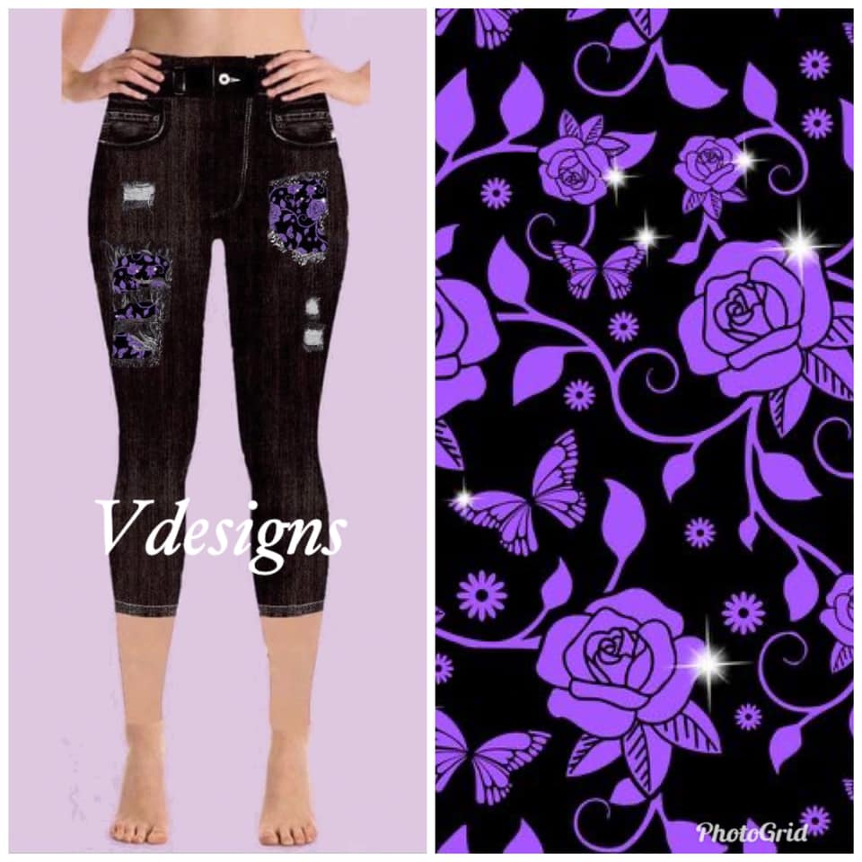 Stretchy CAPRI Denim Jeggings, Purple Flower Peek-a-boo. High Waist, Super Soft and Stretchy!