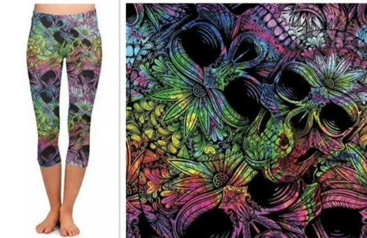 Colorful Ombre Skull Capri. High Waist, Yoga Band, Very Soft and Stretchy!