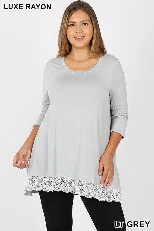 Luxe Rayon Soft & Stretchy Top, 3/4 Sleeve, Hi-Low, Front Lace Trim, Runs Big, Size One Down