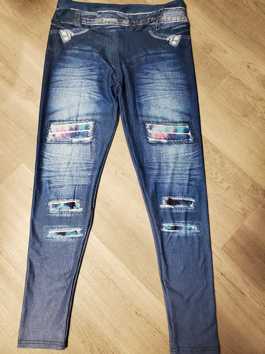 Tie Dye Peek A Boo Denim Print JEGGINGS. Yoga Band. Extra Soft and stretchy!
