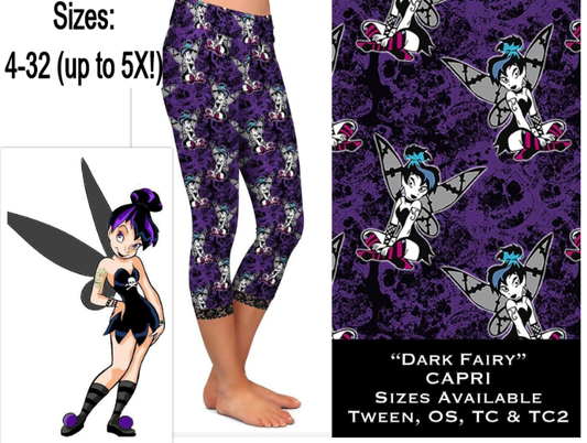 Lace Hem! Purple/Black Goth Tinker Bell CAPRI.  Yoga Band, Very Soft and Stretchy!