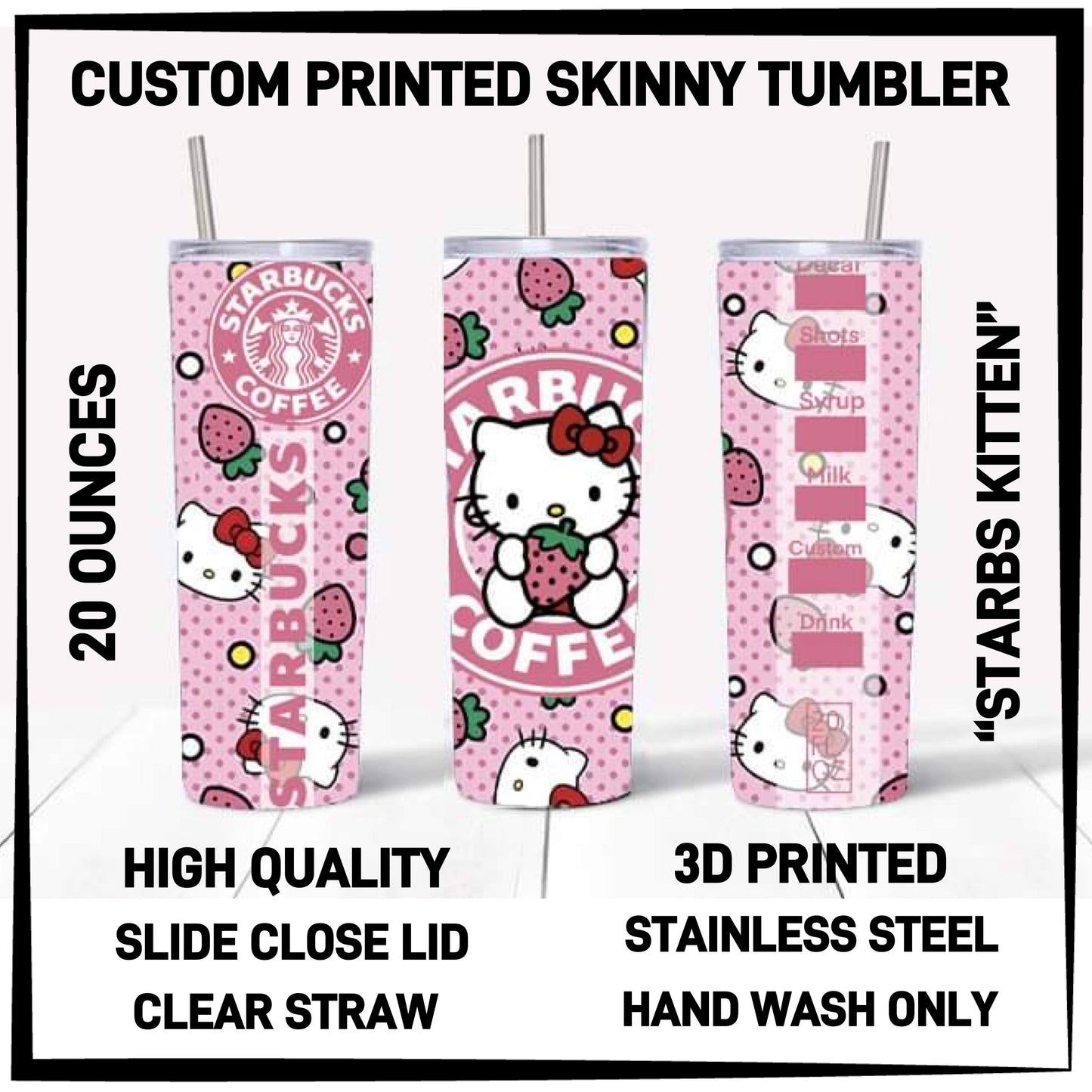 Variety of Custom Tumblers, Stainless Steal 20 oz. Clear Slide Close Lid, Clear Straw for Optional Use.