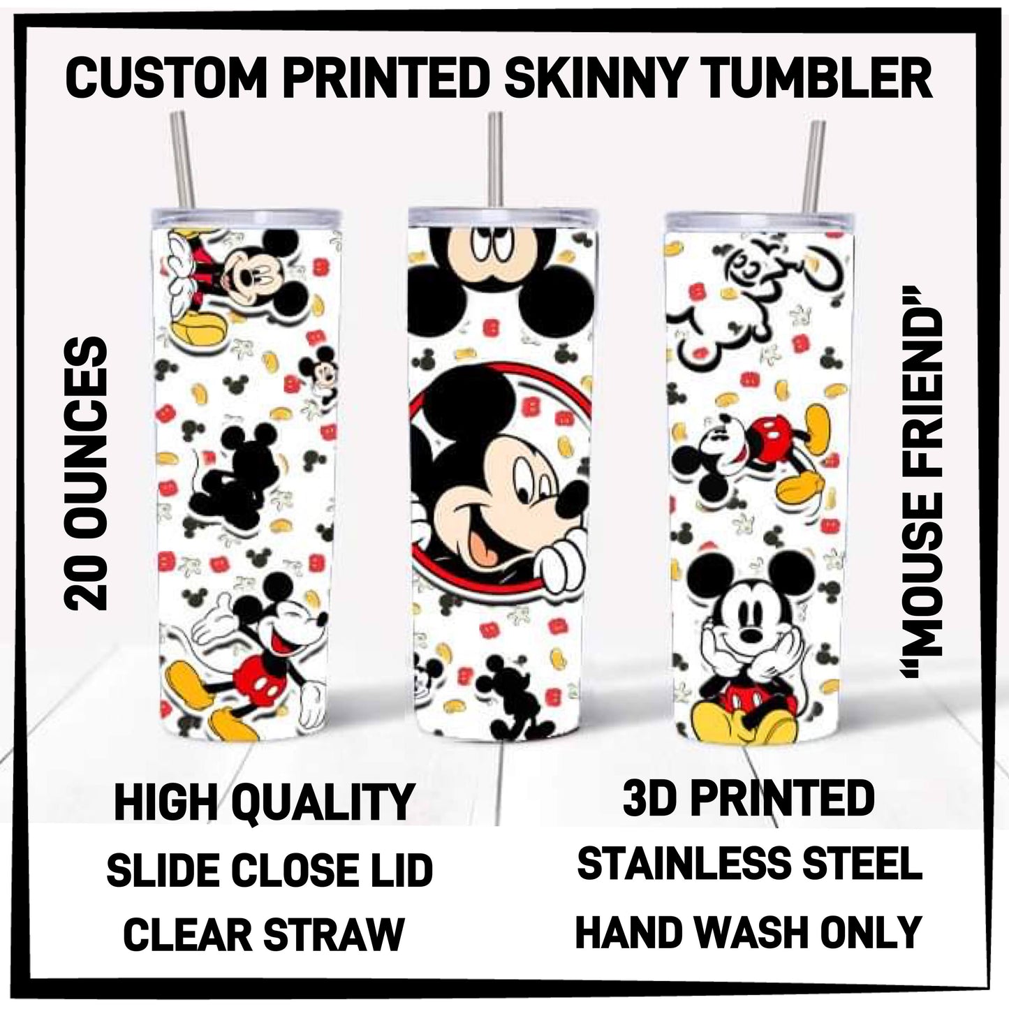 Variety of Custom Tumblers, Stainless Steal 20 oz. Clear Slide Close Lid, Clear Straw for Optional Use.