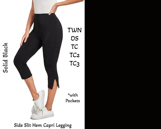 Solid Black Side Slit Hem Capri w/ Pockets