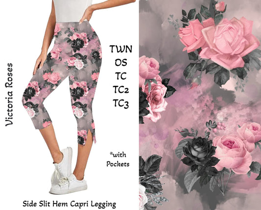 Victoria Roses Side Slit Hem Capri w/ Pockets