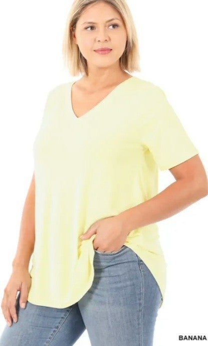 V Neck Round Hem Solid Top, Runs Big (Size Down) 2 Color Options