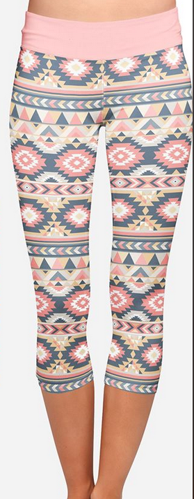 Light Pink & Grey Aztec Knee High Capri. High Waist, Yoga Band, Very Soft and Stretchy!