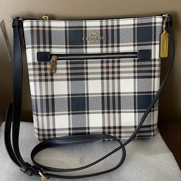 Coach Rowan Plaid, Gold Midnight Crossbody, Outer Zipper, Inner Pocket, Gold Hardware