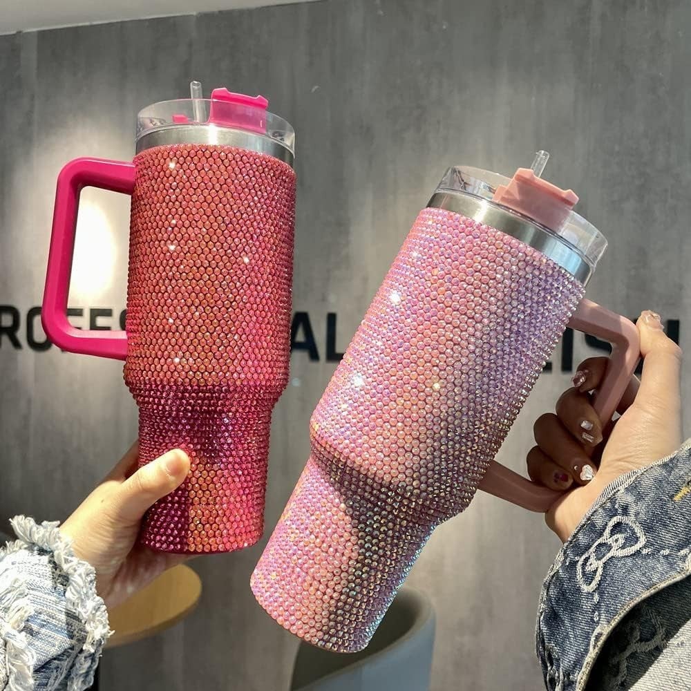 HUGE!!! Shiny Rhinestone 40 Oz Tumbler with Handle, Stainless Steel Insulated Travel Coffee Mug Double Wall Leak Resistant Vacuum Tumbler with Straw