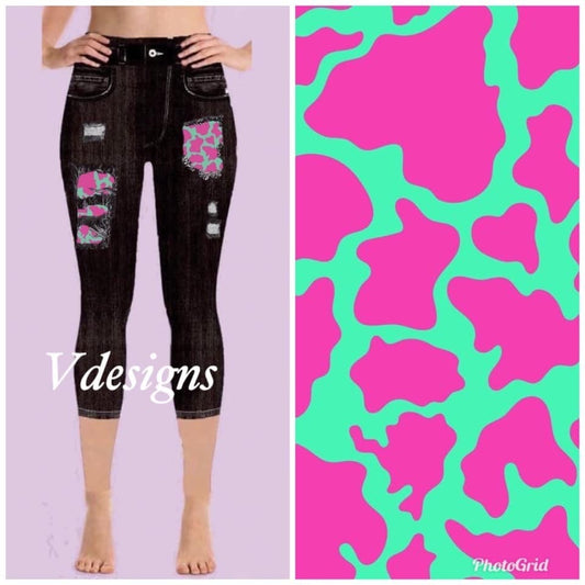 Black Denim Hot Pink/Green Peek a Boo Denim Print CAPRI Jeggings. High Waist, Super Soft and Stretchy!