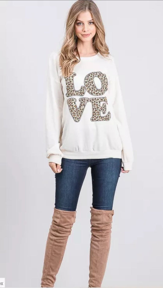 Cream sweater with Leopard "Love", Made in the USA (runs half size small)