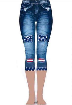 STARS & STRIPES Flag Peek a Boo Denim Print Capri Jeggings! High Waist, Super Soft and Stretchy!