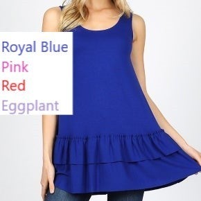 3 Color Choices! SLEEVELESS TUNIC TANK So SOFT & Comfortable! Double Ruffle Hem Sleeveless Tunic. True To size. Lots of Stretch!