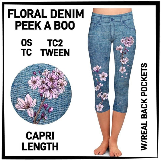 Beautiful Cherry Blossom Denim Jeggings Capri. High Waist, Extra Stretch and Softness.