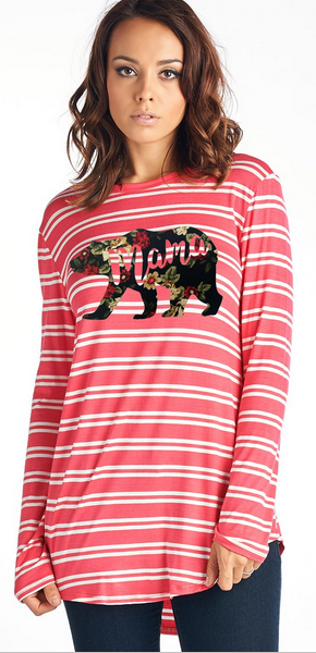 Coral/White Striped, Soft, Mama Bear, Long Sleeve, Hi Front & Low Back top. Made in the USA.