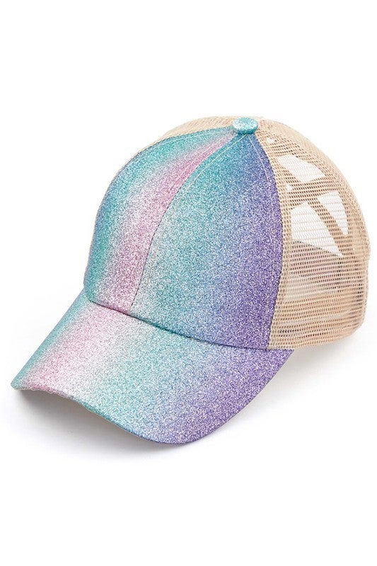 Ponytail Hat! Ombre Sparkle Glitter Criss-Cross Cap with Mesh