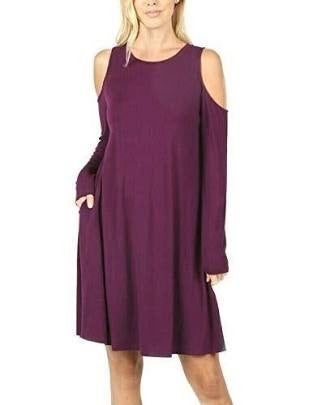 Spin the Wheel Item: Runs Big! Premium Soft Mid Length Plum Open Shoulder Long Sleeve Dress