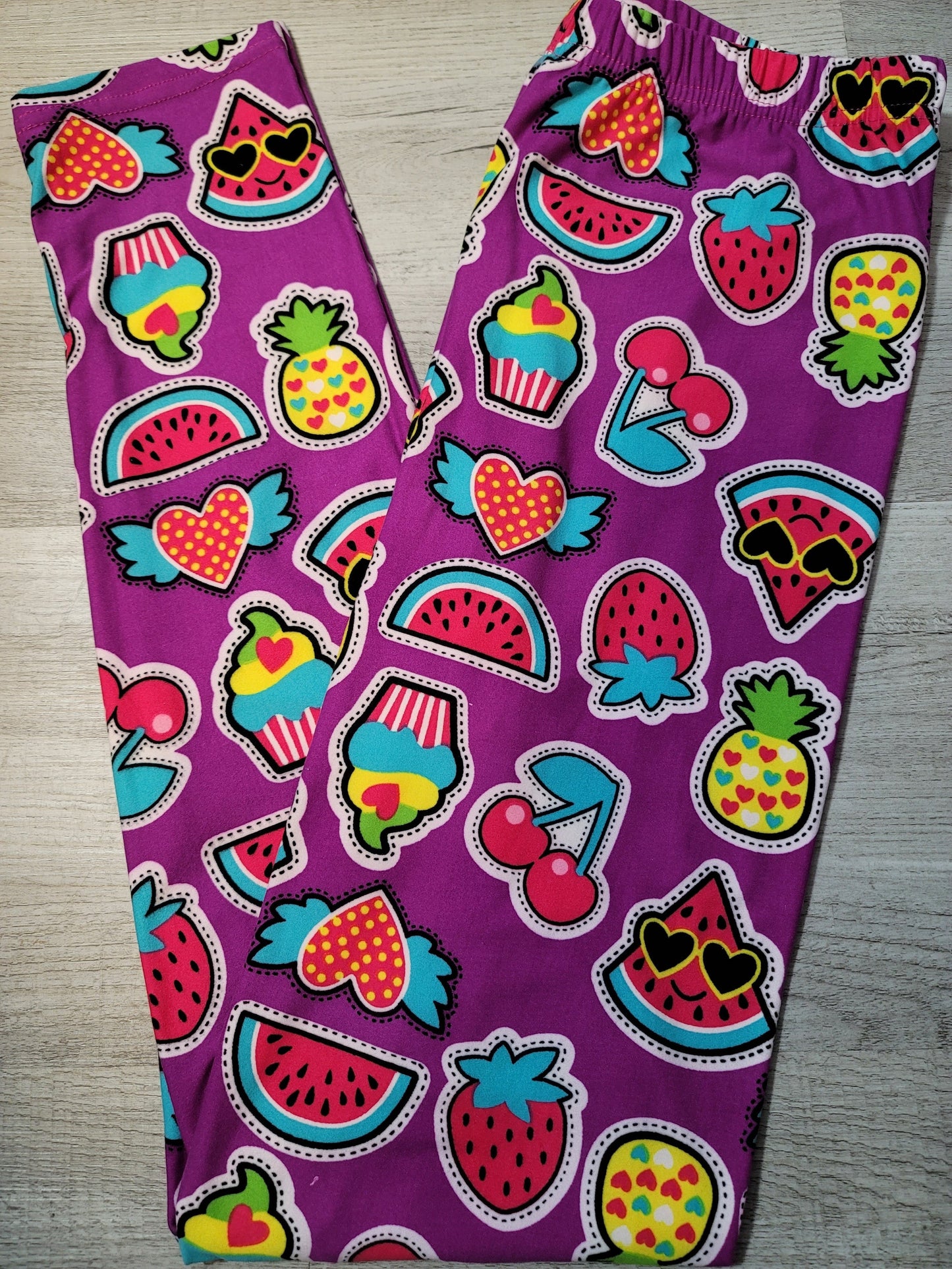 Adorable Magenta Fruity Patches Leggings. Elastic Band, Hyper Stretch, Super Soft!