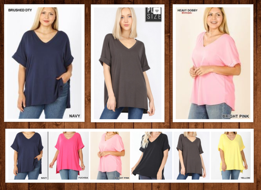 ONLY PLUS SIZE Perfect with leggings! Premium Soft, Solid, V Neck Top, Rolled/Folded Sleeve RUNS VERY BIG!
