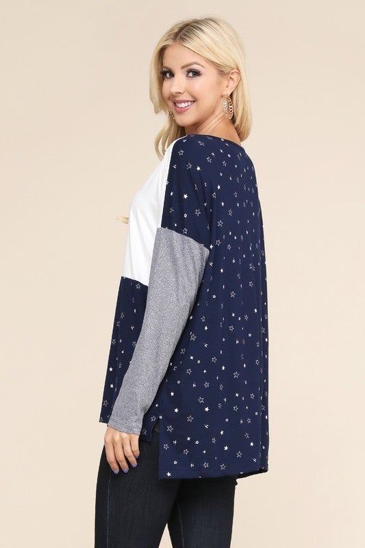 Navy/Grey/White Stars Long Sleeve Split Hip Top. Runs Large - Size Down.