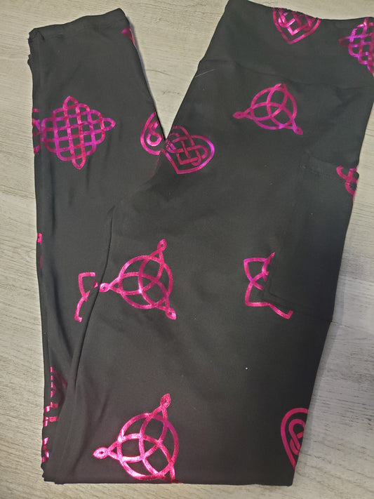 Metallic Pink Celtics Knot Leggings with Pockets. Yoga Band. Extra Soft and stretchy!