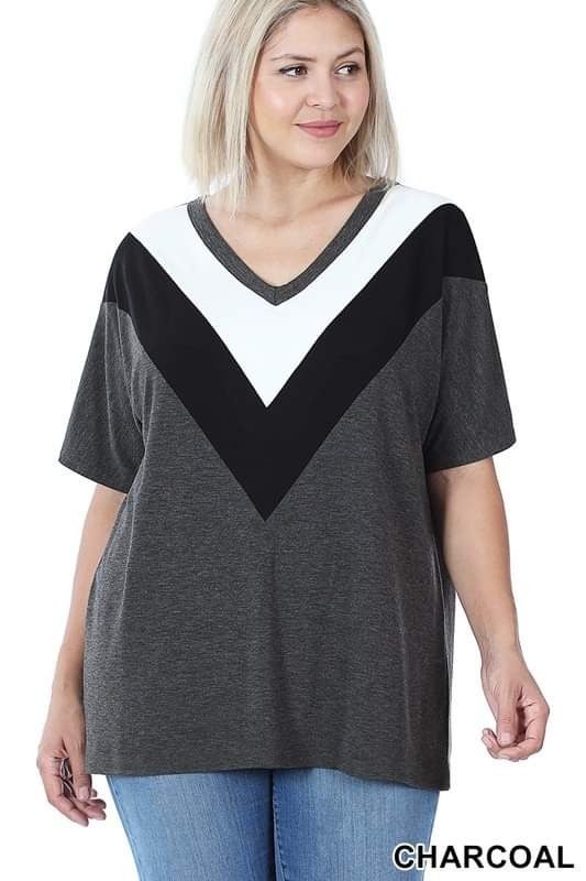 Chevron Color Block V Neck Super Soft Top