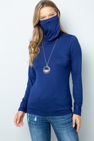 Cowl Neck Converts to FACE MASK TOP! Solid Long Sleeve Top with Turtle Neck Face Mask Made in USA. SIZE ONE UP IF YOU ARE PLUS