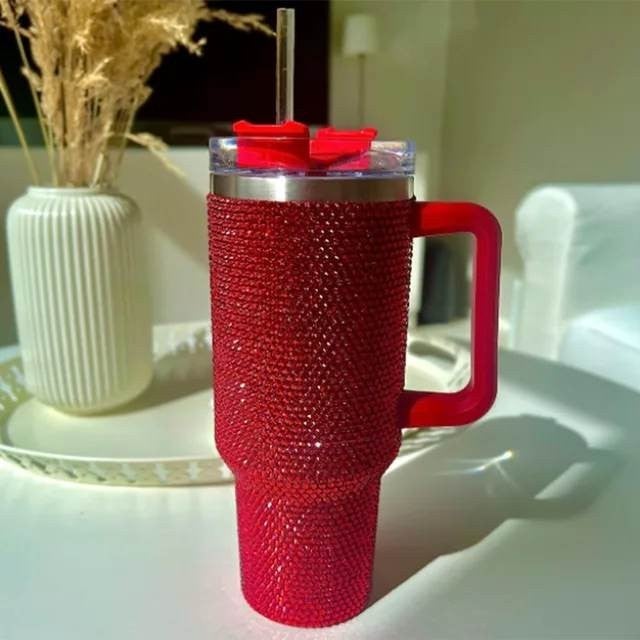 HUGE!!! Shiny Rhinestone 40 Oz Tumbler with Handle, Stainless Steel Insulated Travel Coffee Mug Double Wall Leak Resistant Vacuum Tumbler with Straw