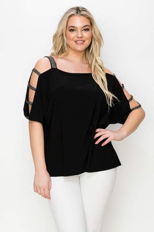Plus Size, Stunning jeweled Ribbed Open Sleeve Top Black or Red