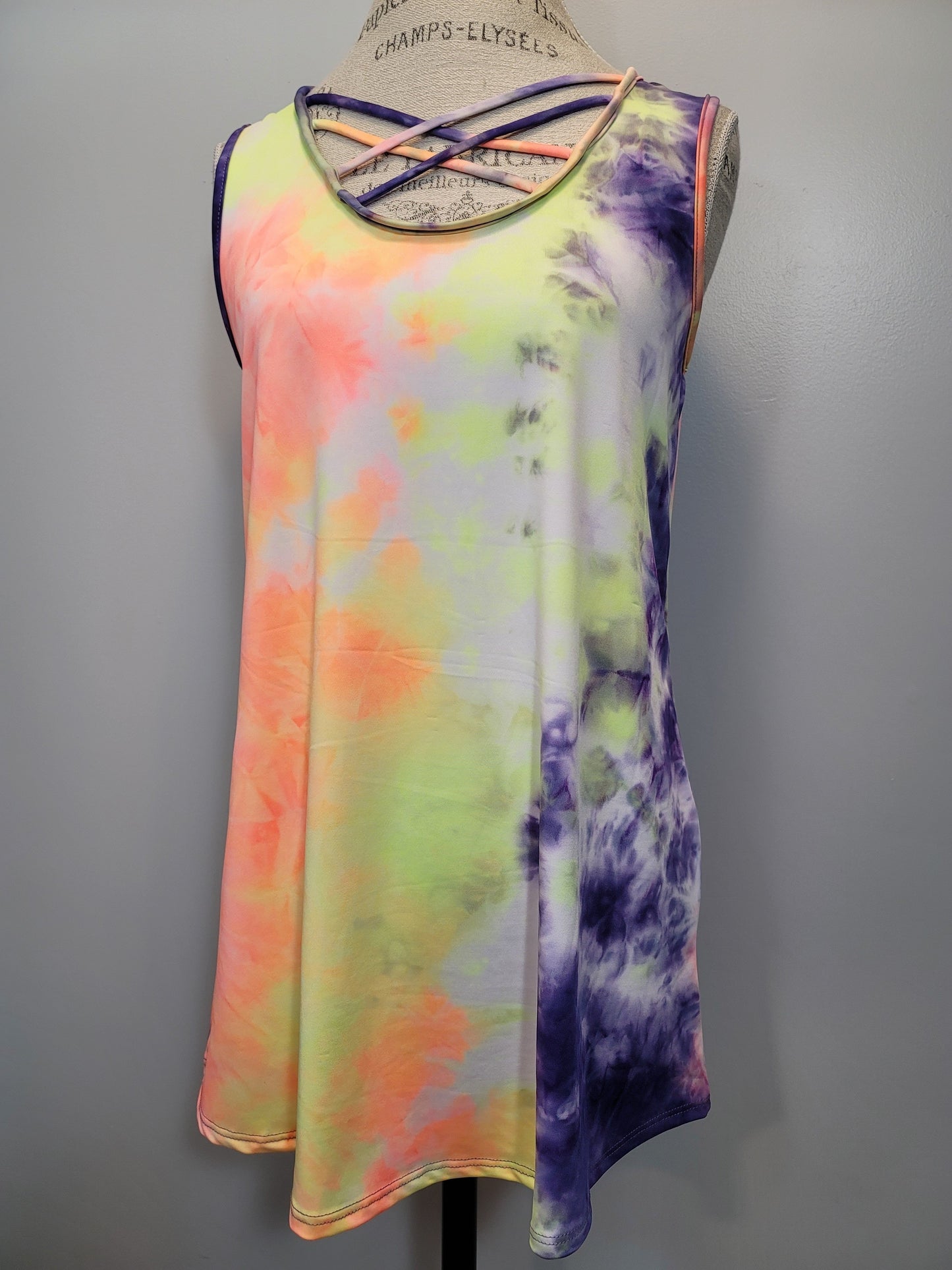 Tie Dye Criss Cross Chest Sleeveless, Stretchy Comfy Top