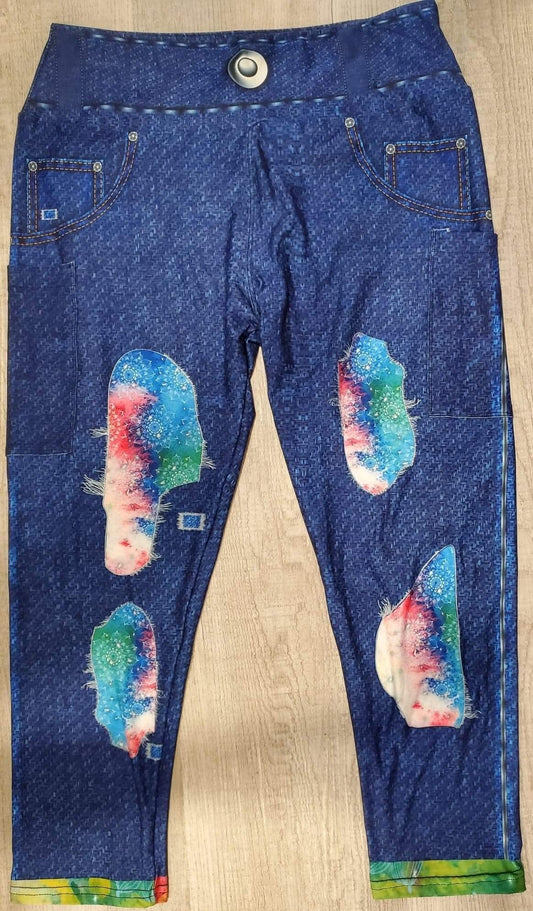 Denim Print Jeggings CAPRI Mandalas Peek a Boo. High Waist, Super Soft and Stretchy!