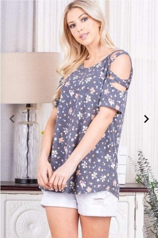 Soft and Comfortable Grey Floral Criss Cross Open Shoulder Top. Runs Big.