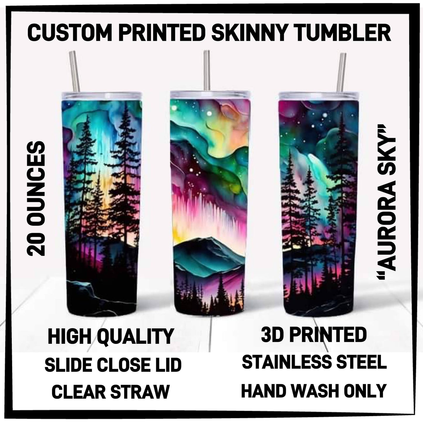 Variety of Custom Tumblers, Stainless Steal 20 oz. Clear Slide Close Lid, Clear Straw for Optional Use.