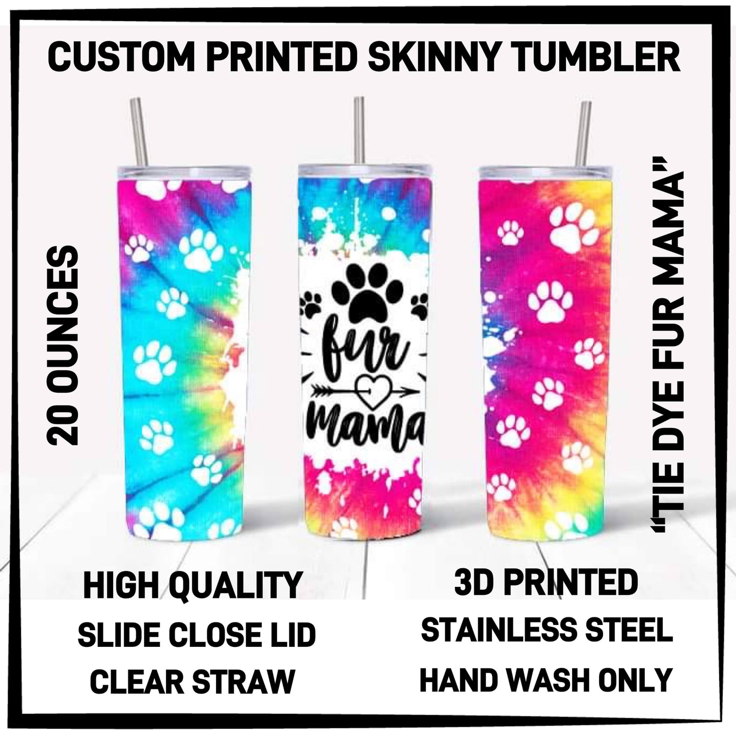 Variety of Custom Tumblers, Stainless Steal 20 oz. Clear Slide Close Lid, Clear Straw for Optional Use.