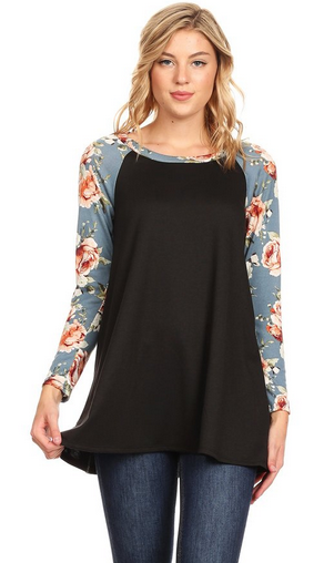 Light Sweater Raglan Black with Titanium Floral Sleeves Only Sm/MD Left, runs big