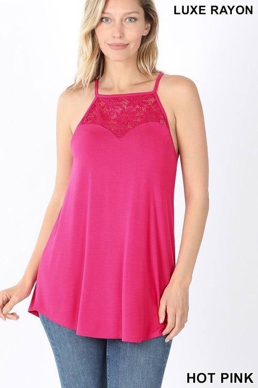Hot Pink OR Black COLOR Premium Soft & Stretchy, Luxe Rayon Lace Front Tank. Runs Large, Size down.