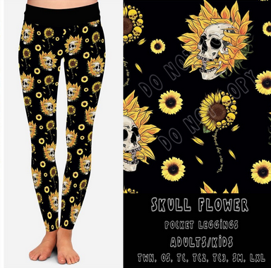 Skull Sunflower Pocket Leggings, Yoga Band, Hyper Stretch, Very Soft