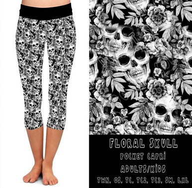 Black & White Skulls an Flowers Capri, Yoga Band, Hyper Stretch, Very Soft