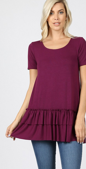 Premium Soft & Stretchy Double Ruffle Hem, Solid Tunic Top, Runs Half A Size Big