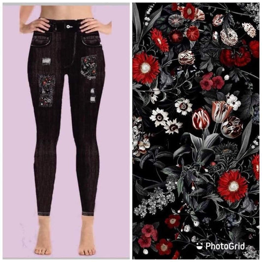 Floral Goth Denim Print Jeggings. Yoga Band. Extra Soft and stretchy!